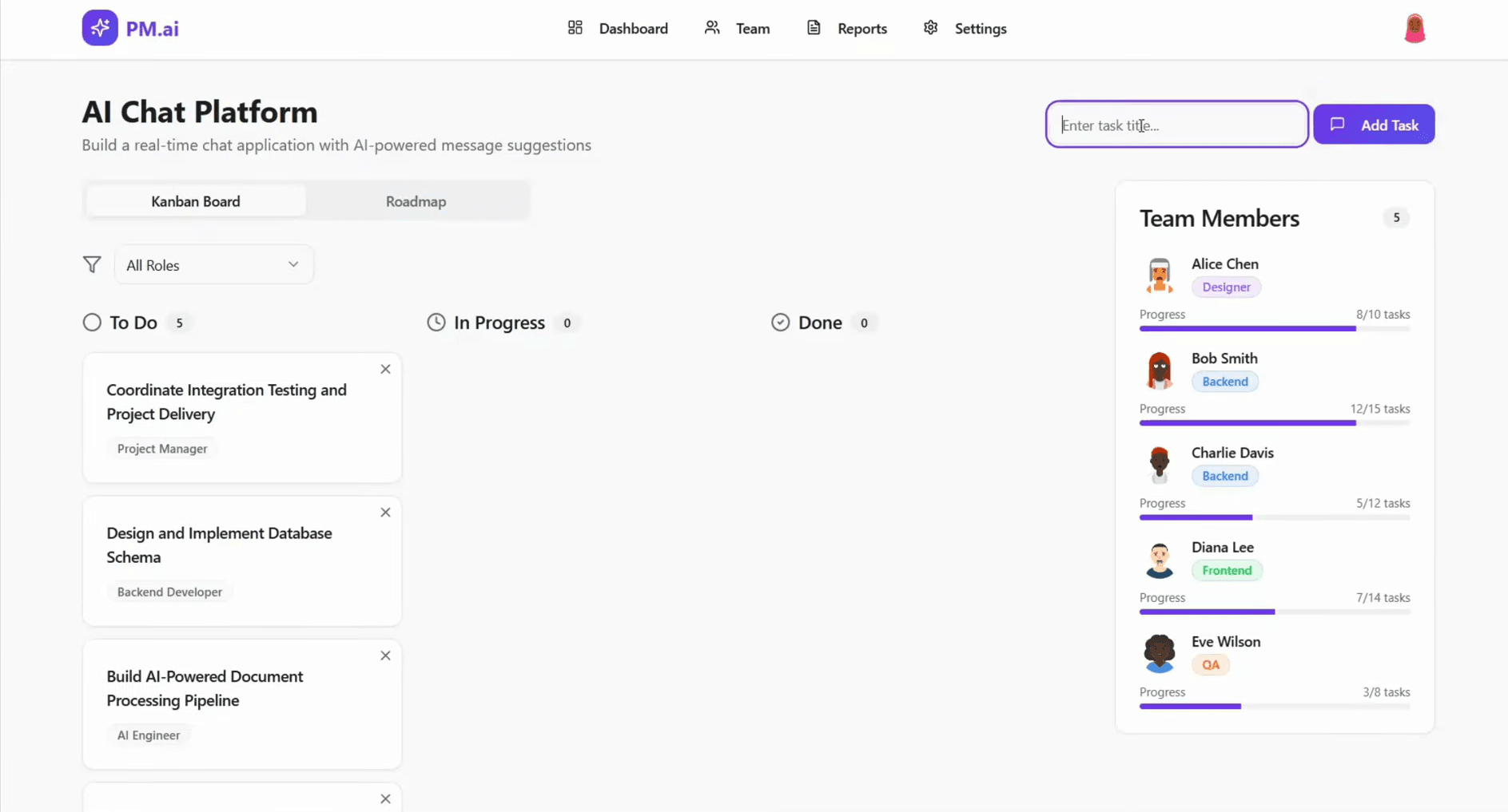 PM.ai dashboard showing generated project tasks, team roles, and progress tracking