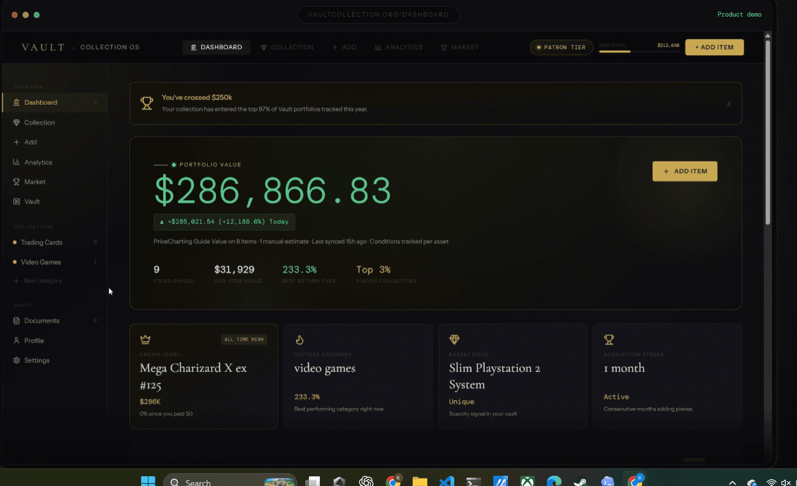 VAULT Collection OS dashboard showing portfolio value, collection analytics, and market-grade collector metrics